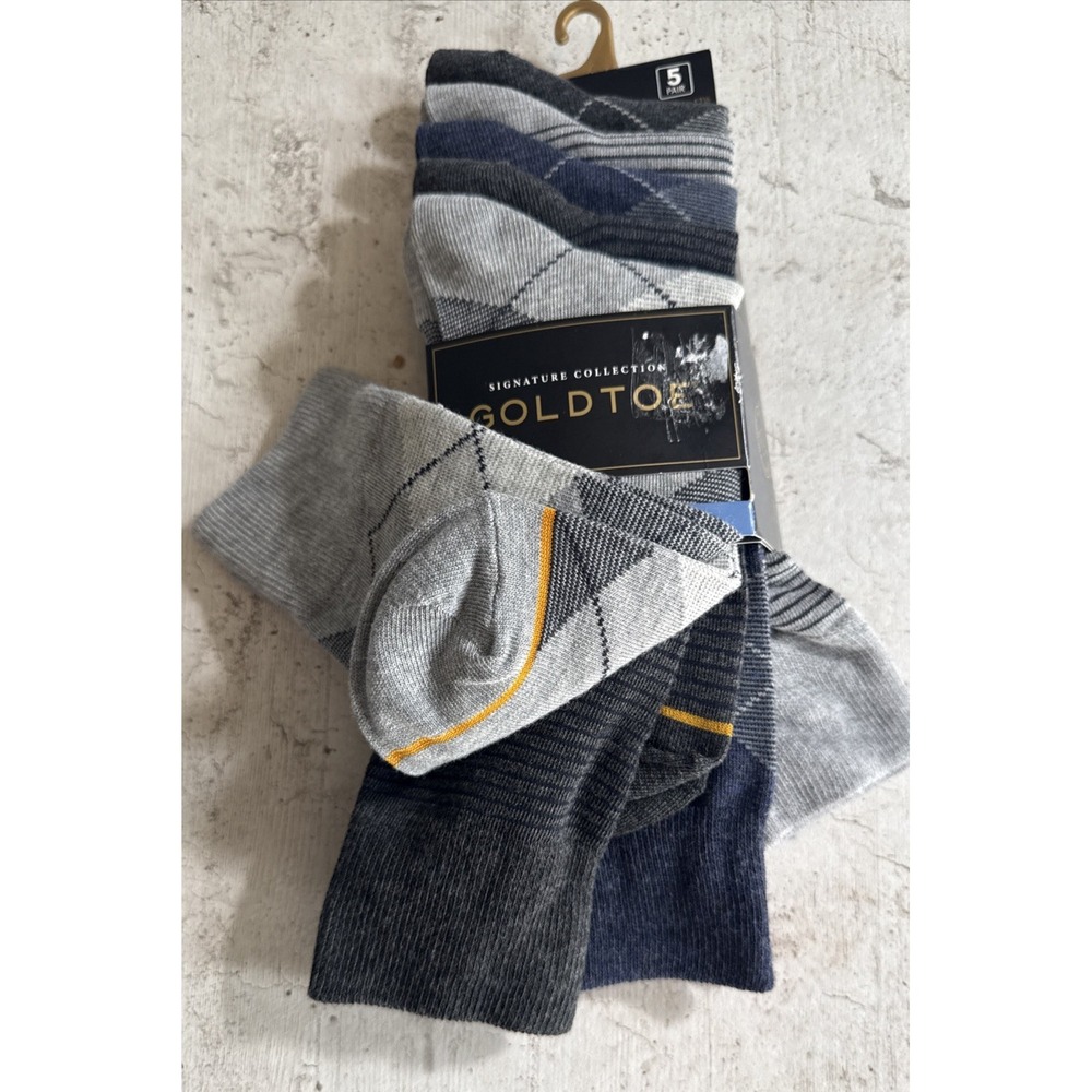New-Goldtoe-5 Pack-Mens Casual Argyle Crew Socks-Fits Shoe Size 6-12.5 Fast Ship